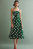 A Line Spaghetti Stropper Grøn Hvid Polka Dots Kjole