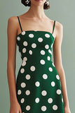 A Line Spaghetti Stropper Grøn Hvid Polka Dots Kjole