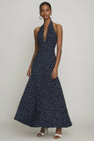 Chiffon Halter A-linje Sort Hvid Polka Dots Kjole