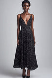 Sort A Line V-hals Lang Hvid Polka Dots Kjole