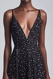 Sort A Line V-hals Lang Hvid Polka Dots Kjole