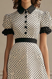 A Line revers hvid sort Polka Dots kjole med pufærmer