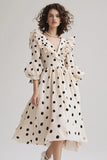 Elfenben A Line V-hals flæsede sorte Polka Dots kjole med pufærmer