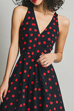 Sort Rød A Line V-hals Polka Dots Kjole