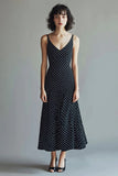 A-linje Spaghetti Stropper Sort Hvid V-hals Polka Dots Kjole