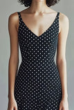 A-linje Spaghetti Stropper Sort Hvid V-hals Polka Dots Kjole
