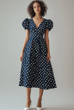 En linje V-hals Navy Hvid Polka Dots Kjole med pufærmer