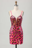 Fuchsia Bodycon Spaghetti Stropper Pailletter Homecoming Kjole med Slids