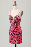 Fuchsia Bodycon Spaghetti Stropper Pailletter Homecoming Kjole med Slids