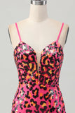 Fuchsia Bodycon Spaghetti Stropper Pailletter Homecoming Kjole med Slids