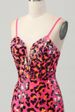 Fuchsia Bodycon Spaghetti Stropper Pailletter Homecoming Kjole med Slids