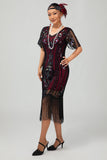 Flapper Bordeaux Pailletter Bodycon Frynsede 1920'er Kjole