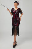 Flapper Bordeaux Pailletter Bodycon Frynsede 1920'er Kjole