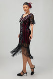 Flapper Bordeaux Pailletter Bodycon Frynsede 1920'er Kjole