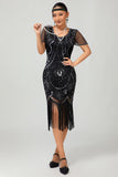 Gatsby Sort Rød Scoop Frynset Bodycon1920'erne Kjole med Pailletter