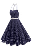 Halter Polka Dots Kongeblå En linje 1950'er kjole
