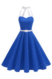Halter Polka Dots Kongeblå En linje 1950'er kjole