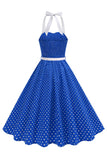 Halter Polka Dots Kongeblå En linje 1950'er kjole