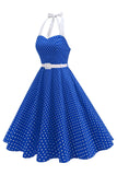 Halter Polka Dots Kongeblå En linje 1950'er kjole