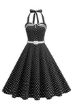 Polka Dots Halter Sort A-linje 1950'er kjole med sløjfe