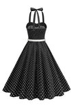 Polka Dots Halter Sort A-linje 1950'er kjole med sløjfe