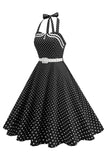 Polka Dots Halter Sort A-linje 1950'er kjole med sløjfe