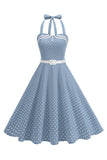 Polka Dots Halter Sort A-linje 1950'er kjole med sløjfe
