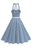 Polka Dots Halter Sort A-linje 1950'er kjole med sløjfe