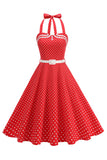 Polka Dots Halter Sort A-linje 1950'er kjole med sløjfe