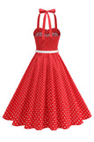 Polka Dots Halter Sort A-linje 1950'er kjole med sløjfe