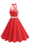 Polka Dots Halter Sort A-linje 1950'er kjole med sløjfe