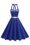 Polka Dots Halter Sort A-linje 1950'er kjole med sløjfe