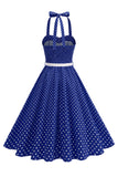 Polka Dots Halter Sort A-linje 1950'er kjole med sløjfe
