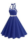 Polka Dots Halter Sort A-linje 1950'er kjole med sløjfe