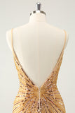 Golden Bodycon Spaghetti Straps Cocktailkjole med pailletter