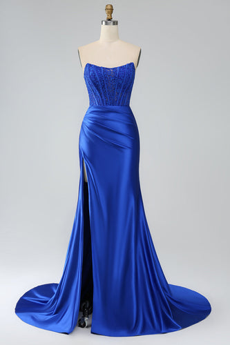 Royal Blue Mermaid Strapless Long Corset Prom Dress med slids