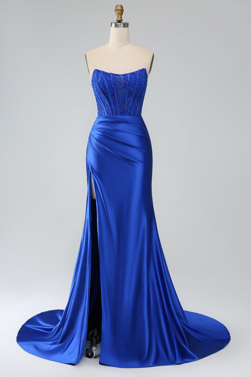 Indlæs billede til gallerivisning Royal Blue Mermaid Strapless Long Corset Prom Dress med slids