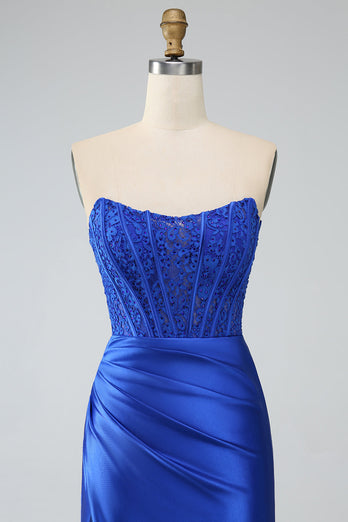 Royal Blue Mermaid Strapless Long Corset Prom Dress med slids