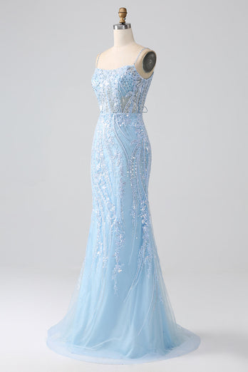 Himmelblå Sparkly Mermaid Corset Prom Dress med pailletter