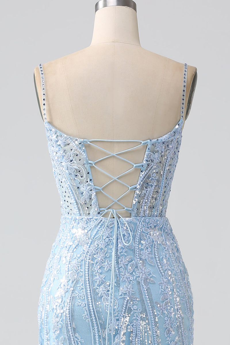 Indlæs billede til gallerivisning Himmelblå Sparkly Mermaid Corset Prom Dress med pailletter