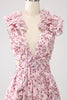 Indlæs billede til gallerivisning Pink Floral A-Line dyb V-hals plisseret rygløs gallakjole