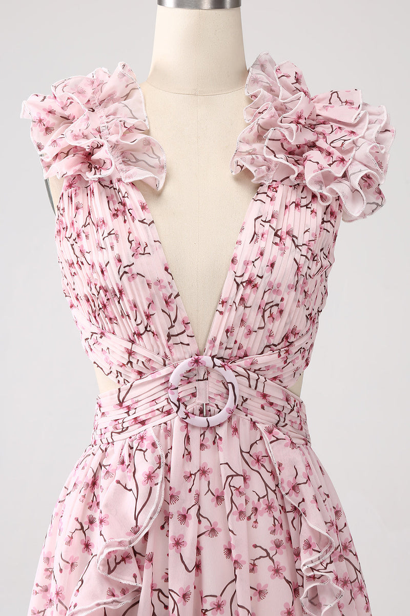 Indlæs billede til gallerivisning Pink Floral A-Line dyb V-hals plisseret rygløs gallakjole