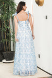Blå blomstret Boho Maxi sommerkjole