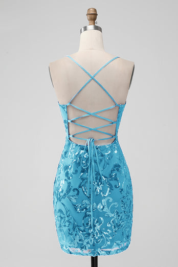 Royal Blue Bodycon pailletter kort homecoming kjole med snørebånd tilbage