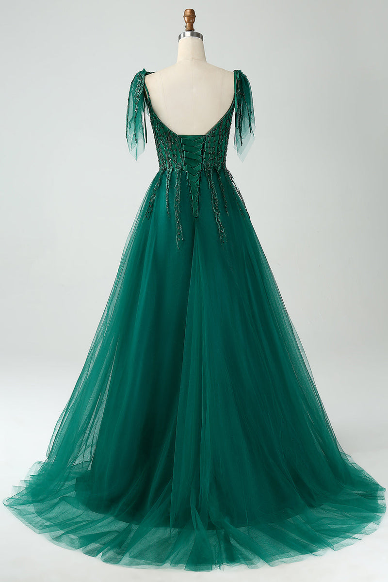Indlæs billede til gallerivisning Mørkegrøn A-Line Spaghetti Straps Tulle Lang Prom Kjole med perler