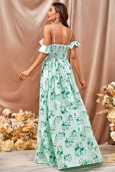 Blomstertrykt grøn afslappet kjole med slids