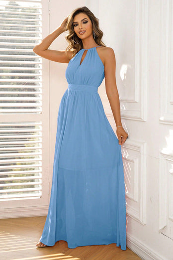 Blå A-line lang formel kjole