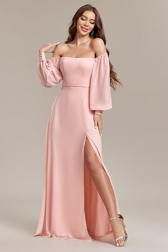 Blush A-Line Off the Shoulder Lang formel kjole med slids
