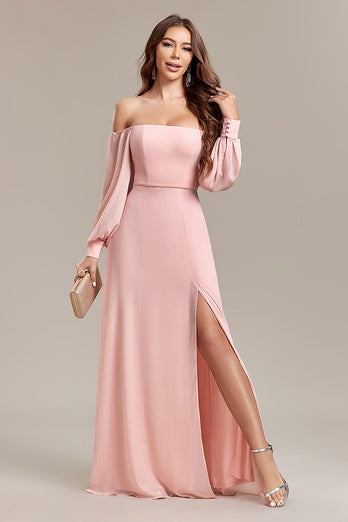 Blush A-Line Off the Shoulder Lang formel kjole med slids