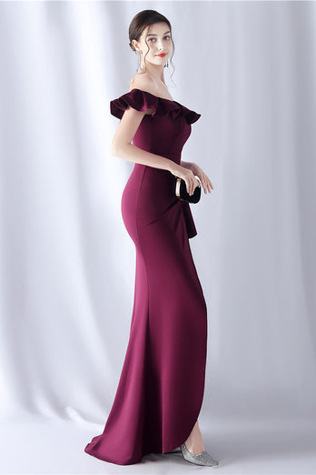 Bourgogne havfrue fra skulderen Lang formel kjole med flæser